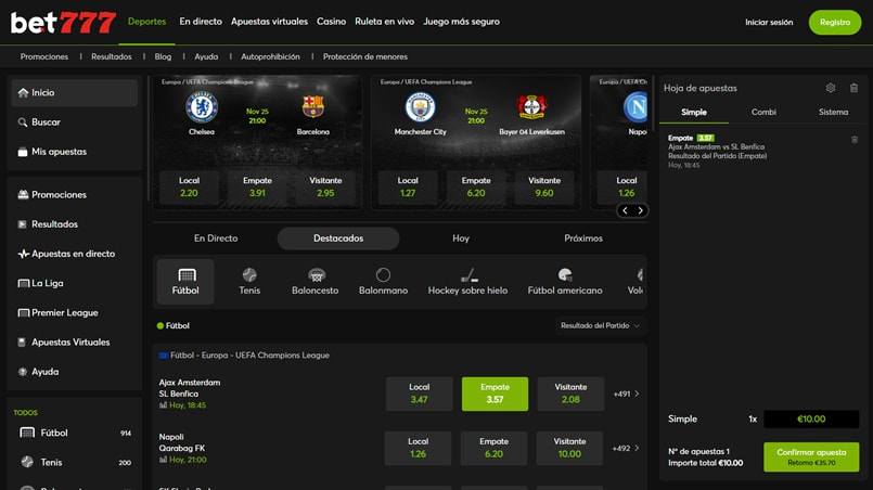 Página principal de apuestas deportivas de Bet777