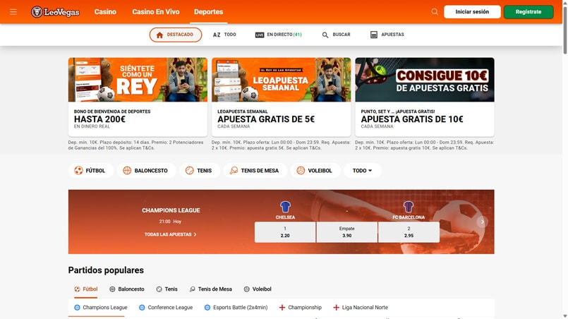 Página principal correspondiente a la sección de apuestas deportivas de LeoVegas