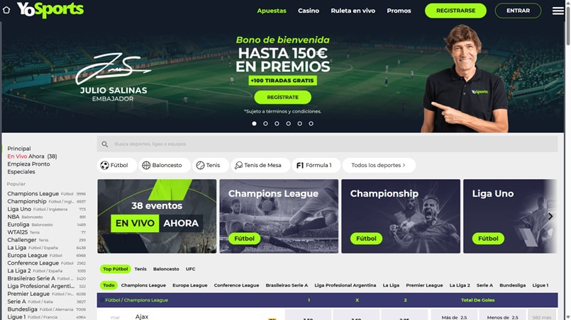 Página de inicio del operador de apuestas deportivas YoSports