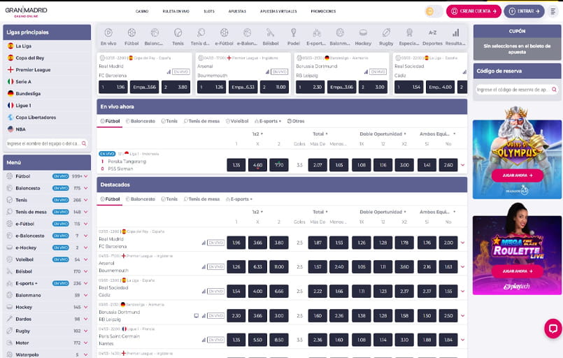 Página principal de la sección de apuestas del operador Gran Madrid Casino Online
