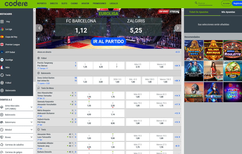 Página principal correspondiente a la sección de apuestas deportivas de Codere